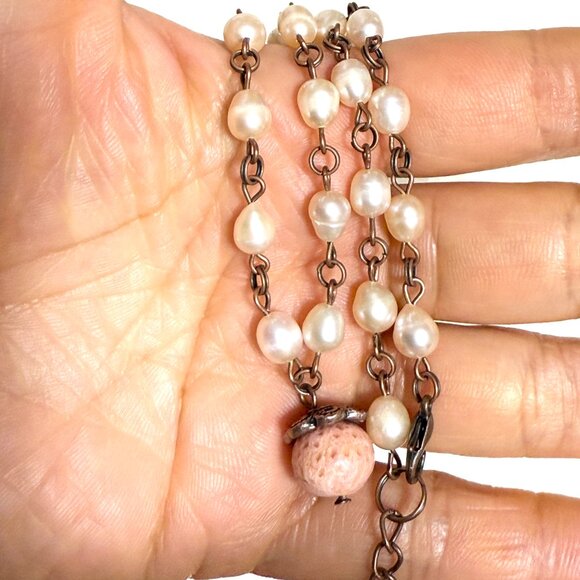 Pale Pink Freshwater Pearl Short Necklace with Cute Coral Pendant, Copper Links - Picture 16 of 16
